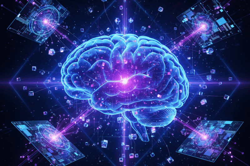 Image digital human brain intertwined with glowing quantum particles and qubits in neon blue Exploring Constructs of Consciousness