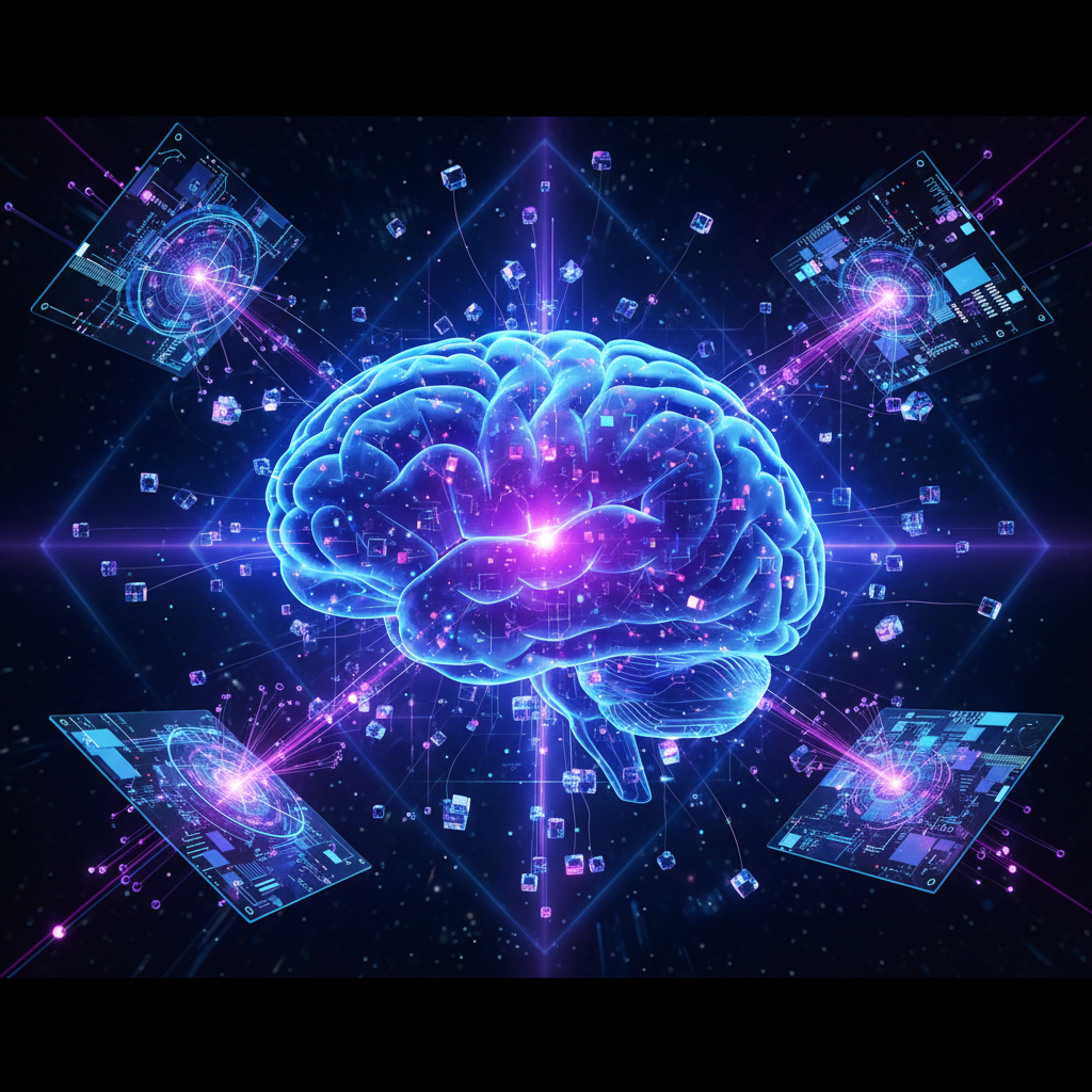 Image digital human brain intertwined with glowing quantum particles and qubits in neon blue Exploring Constructs of Consciousness